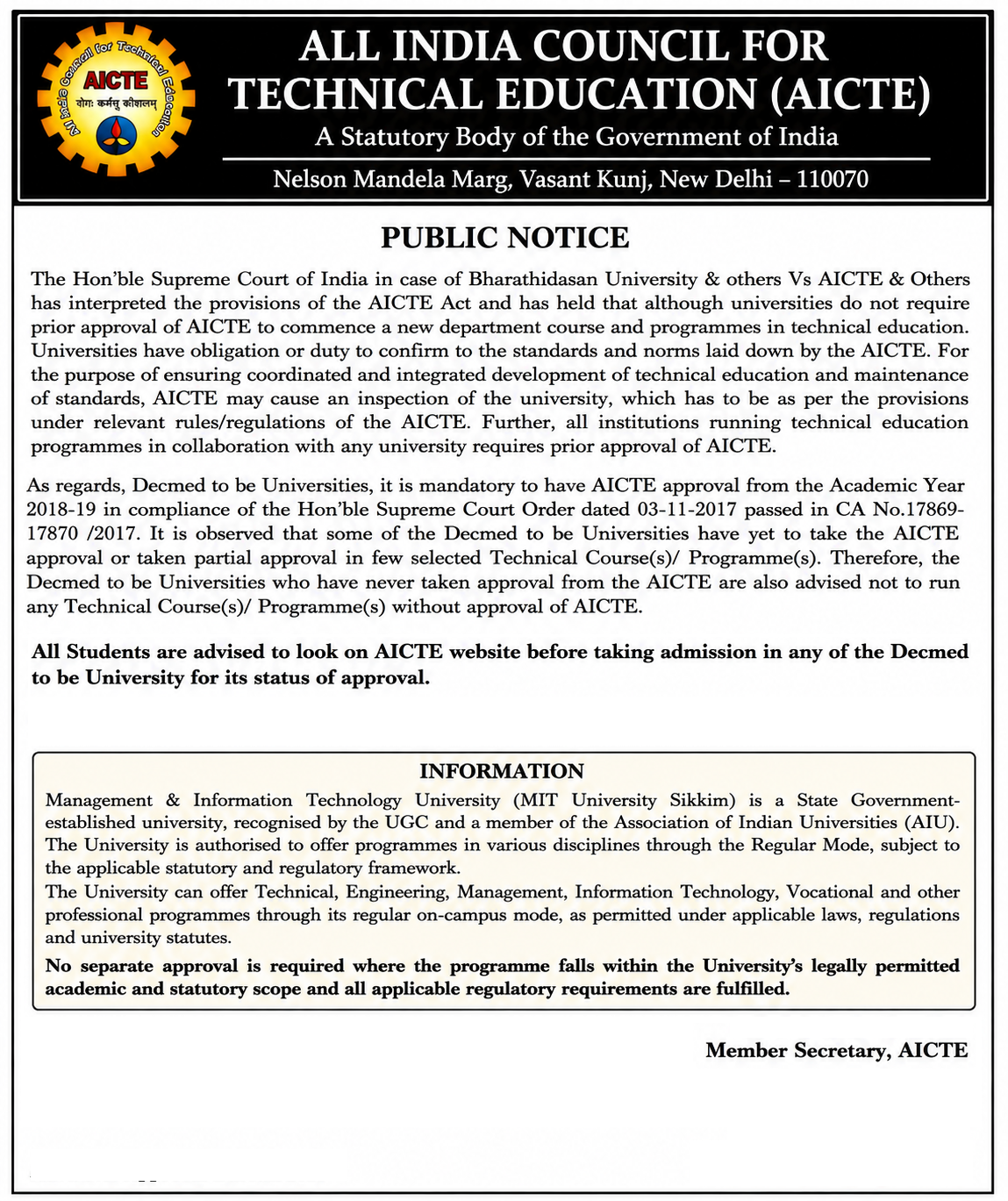 AICTE public notice regarding technical education approval norms