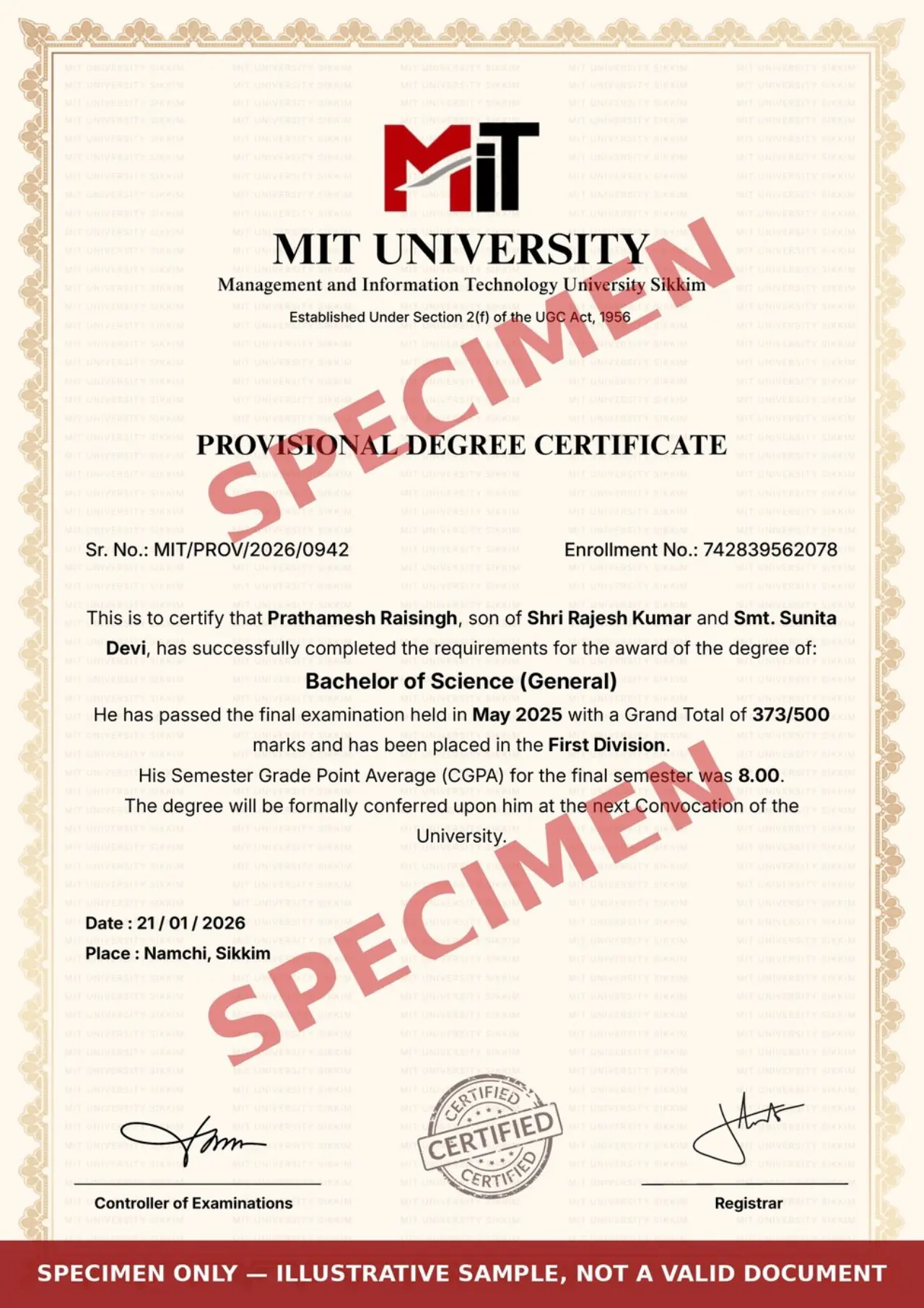 Specimen provisional degree certificate of MIT University Sikkim