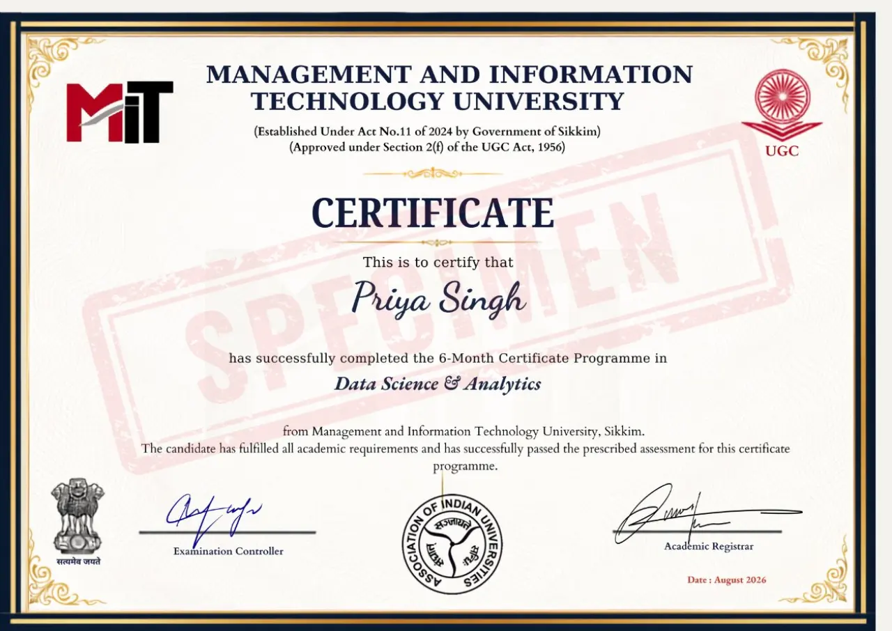 Specimen certificate programme certificate of MIT University Sikkim
