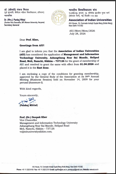 AIU membership letter granted to MIT University Sikkim