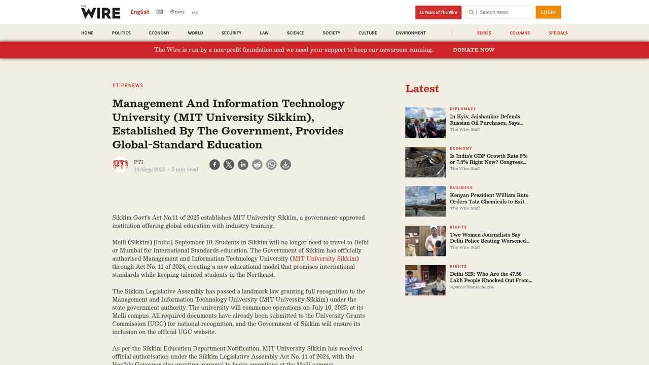 Management and Information Technology University (MIT University Sikkim) established by the Government provides global standard education