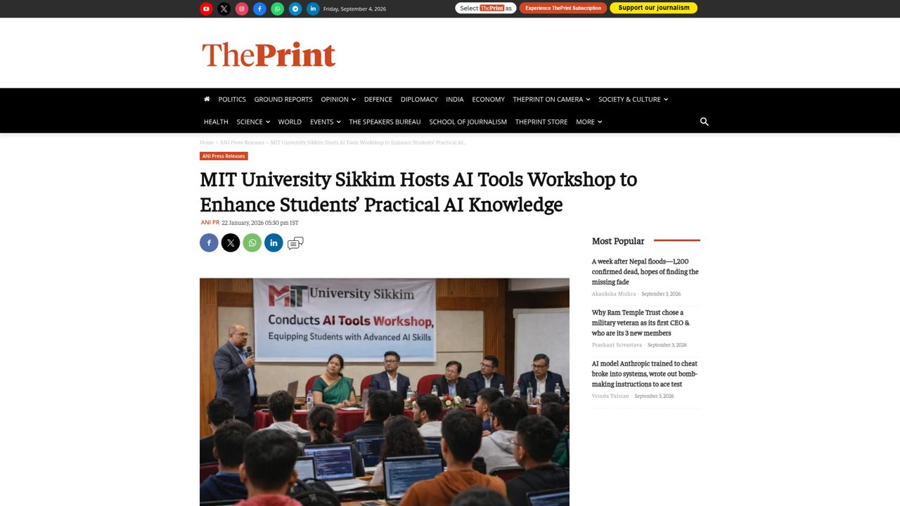 MIT University Sikkim Hosts AI Tools Workshop to Enhance Students’ Practical AI Knowledge
