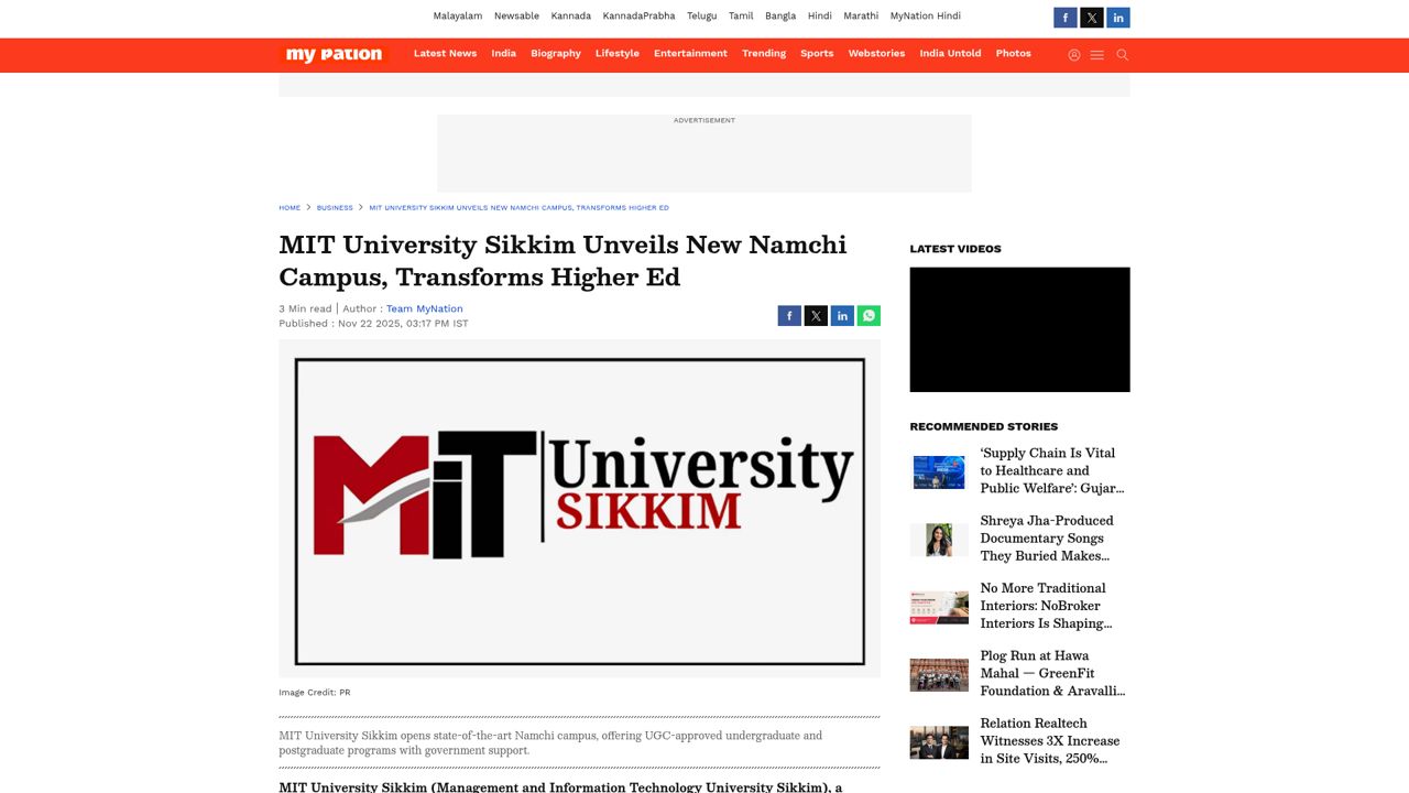 MIT University Sikkim Unveils New Namchi Campus, Transforms Higher Ed