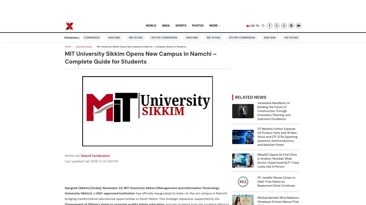 MIT University Sikkim Opens New Campus in Namchi – Complete Guide for Students