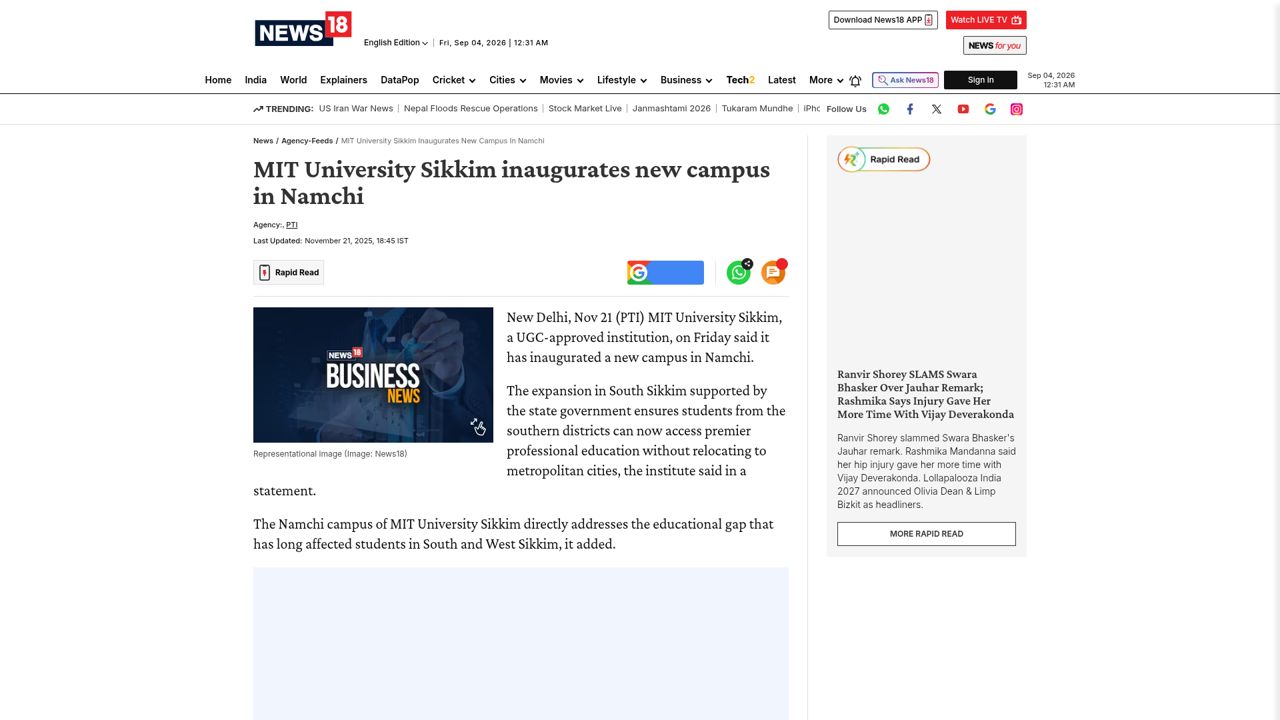 MIT University Sikkim inaugurates new campus in Namchi