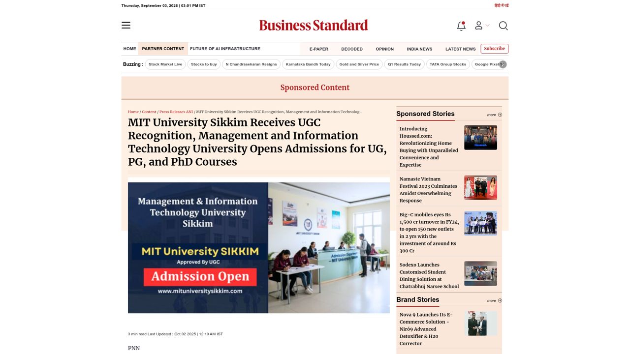 MIT University Sikkim receives UGC recognition – Management and Information Technology University opens admissions for UG, PG, and PhD courses